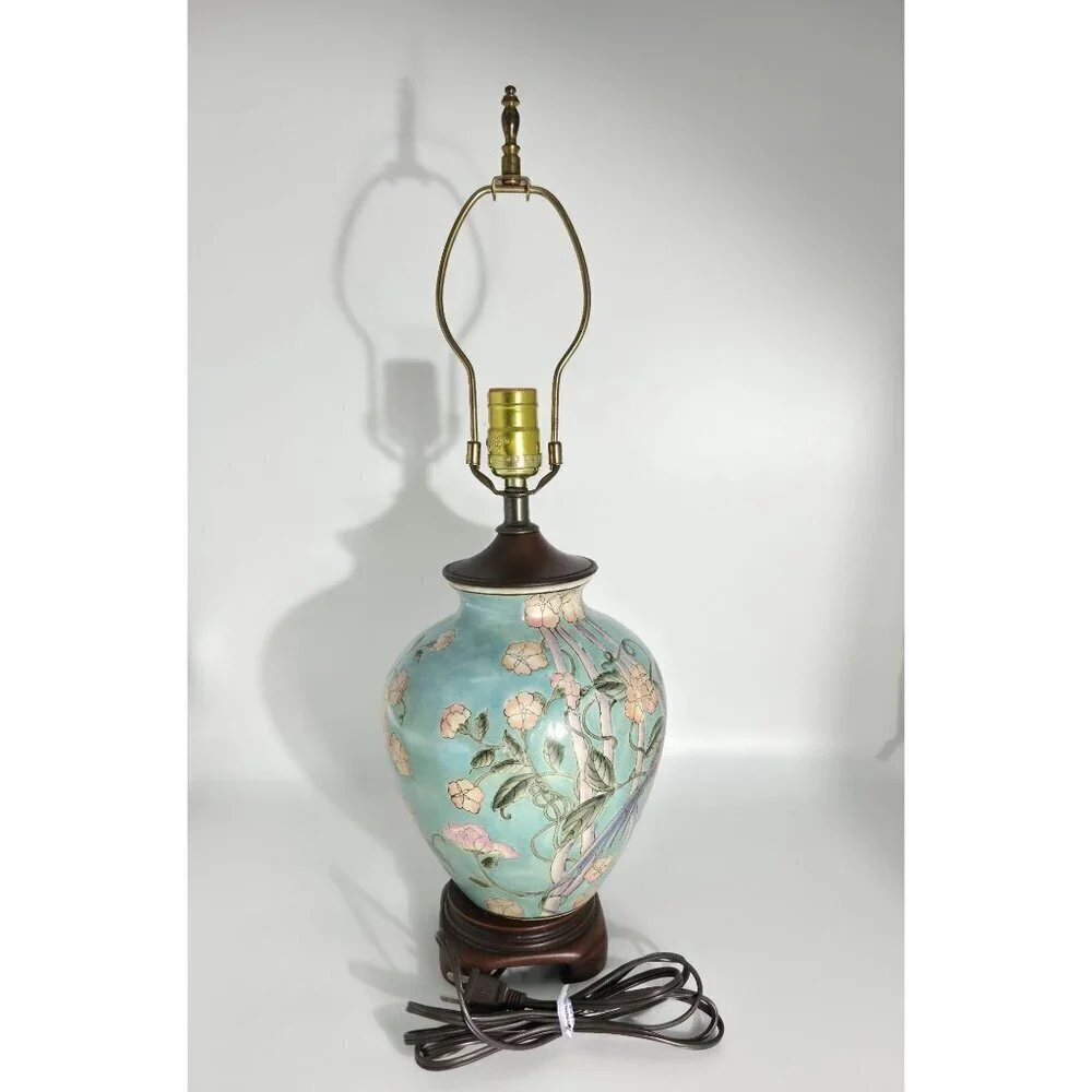 Vintage Floral Ceramic Table Lamp With Hand-Painted Bird Design On Wood Base